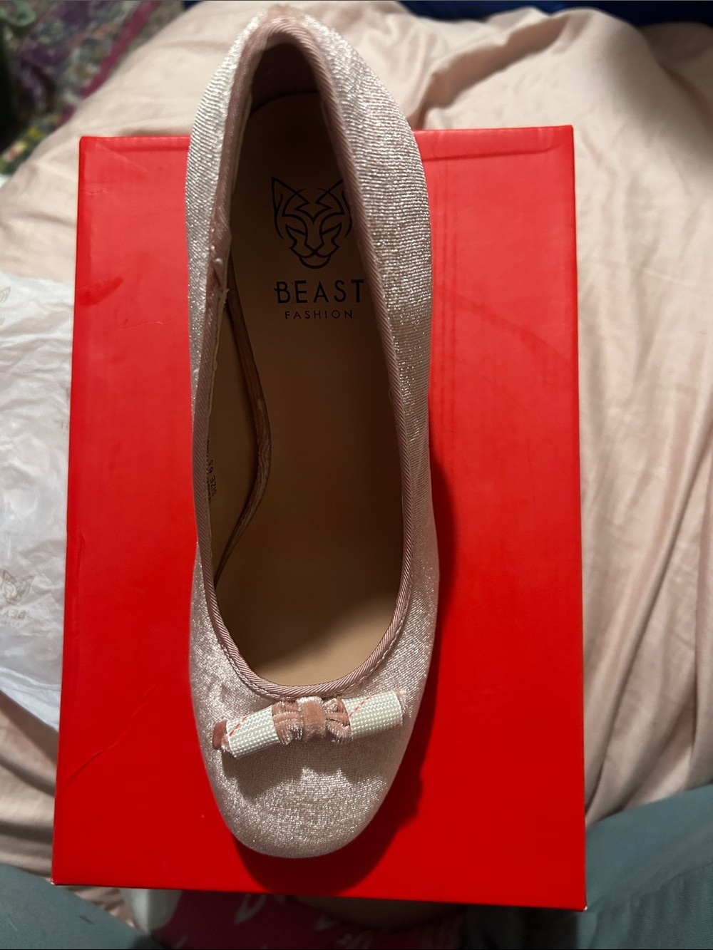 BEAST FASHION Shimmery Light Pink Ballet Heels with Bow Accent